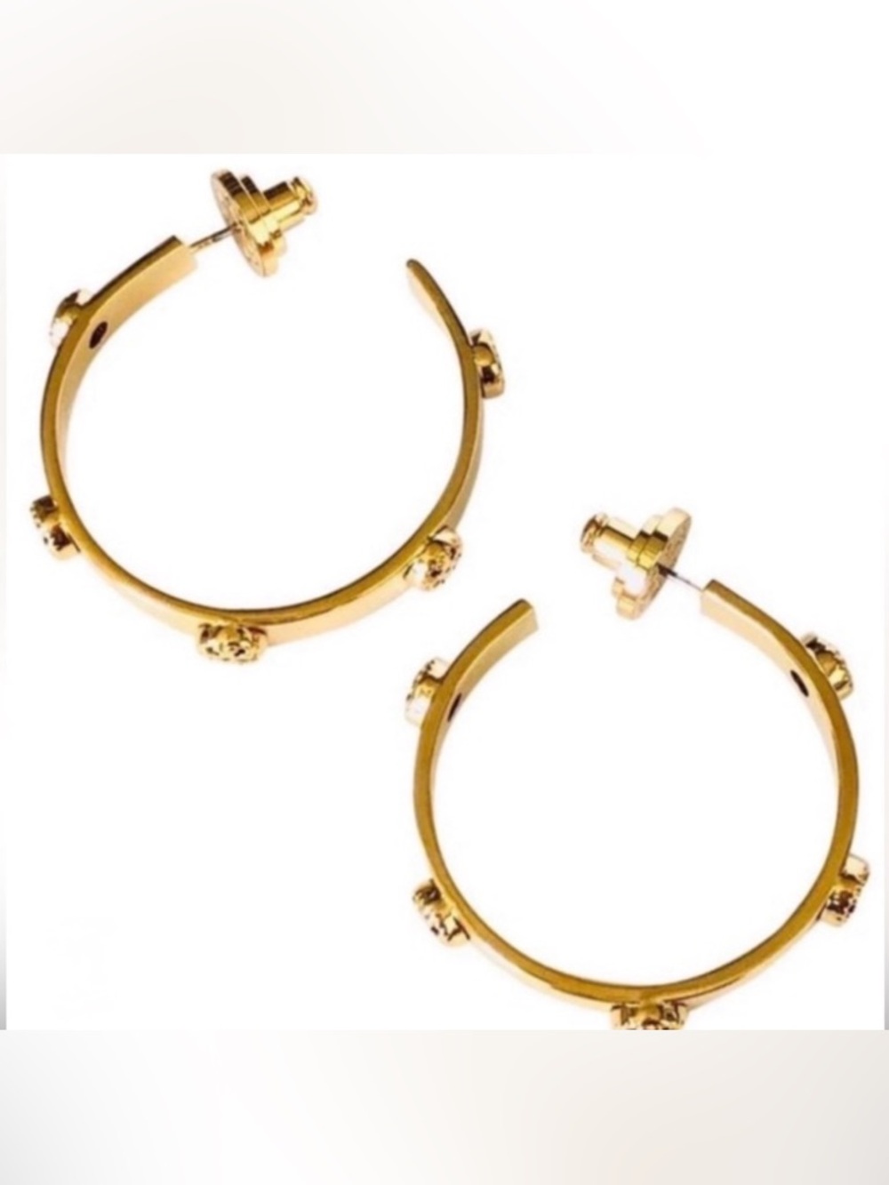 NWT [Tory Burch] Milgrain Gold Logo 3D Medium-Sized Designer Hoop Earrings - Picture 4 of 9
